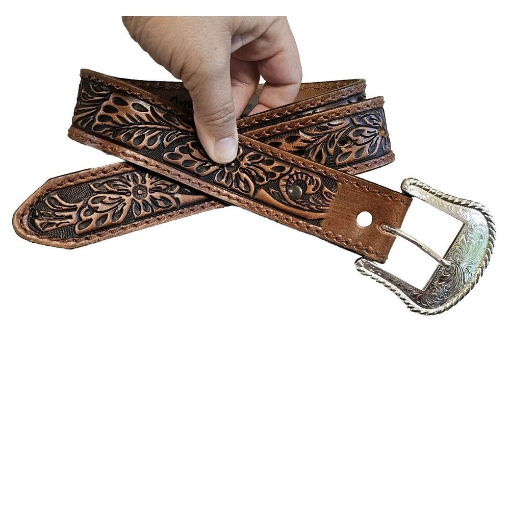 Tony Lama Men's Brown Leather Belt Size 34 Floral Hand Tooled C40065